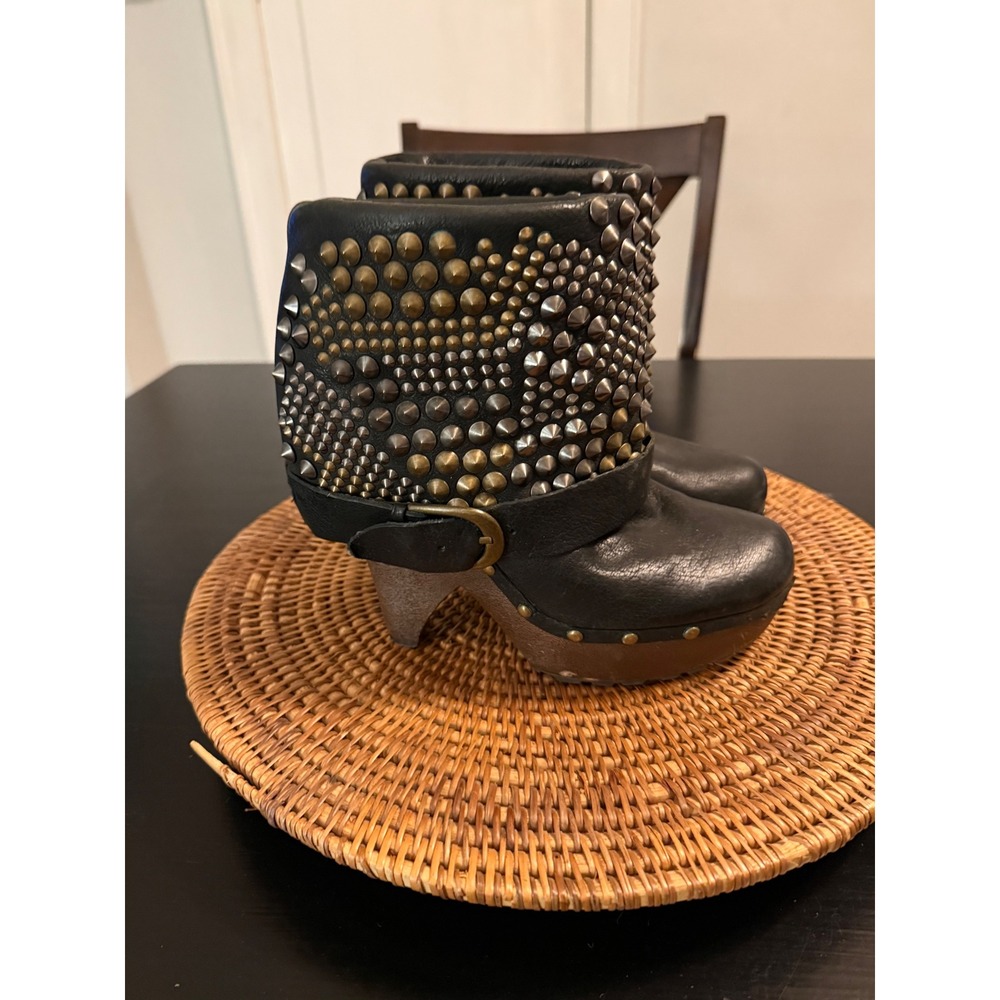 Sam Edelman Studded Leather Wood Platform Clog Ankle Boots Black 7M